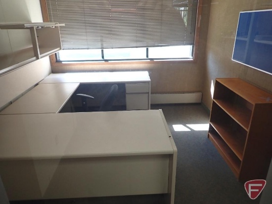 U shaped desk 99"x70", overhead cabinet, office chair, bulletin boards, wood shelf
