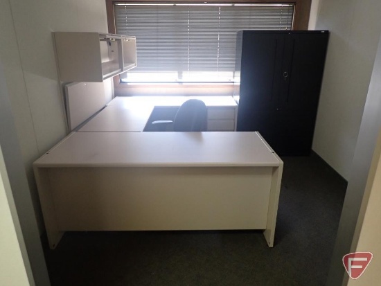U shaped desk 99"x70", overhead cabinet, office chair, bulletin board, 2 drawer filing cabinet