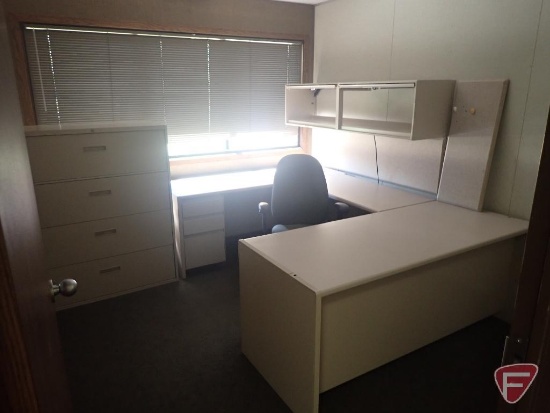 U shaped desk 99"x70", overhead cabinet, office chair, bulletin boards, light