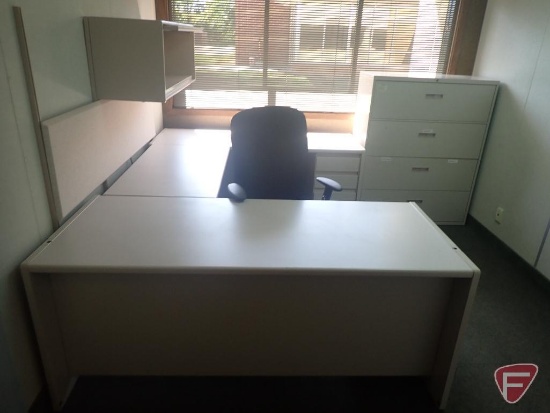 U shaped desk 99"x70", overhead cabinet, bulletin board, 4 drawer file cabinet, office chair