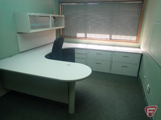 U shaped desk 116"x105", overhead cabinet, bulletin boards, office chair, shelf