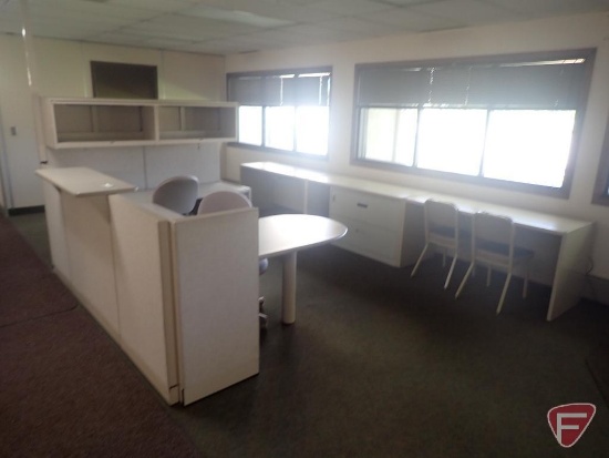 U shaped cubicle workstation 100"x70", overhead cabinets, office chairs (2)
