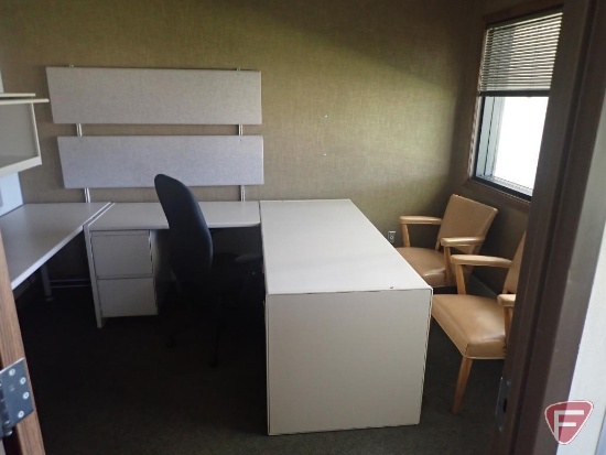 U shaped desk 100"x70", overhead cabinet, bulletin boards, wood shelf, office chair