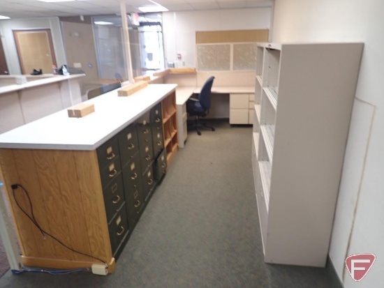 Cubicle workstation, 90"x75", 4 shelf filing cabinets (2), 3 drawer filing cabinets (4)