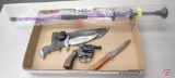 AVENGER BLOWGUN, FIXED BLADE KNIVES (2), CAP GUN (NOT WORKING)