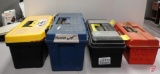 PLASTIC TOOLBOXES (4) WITH CONTENTS; HAND TOOLS, HARDWARE, BATTERY CHARGER