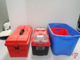 PLASTIC TOOLBOXES (2) AND TOTE WITH TOOLS AND MISC.