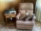 RECLINGING ROCKING CHAIR, (2) THROW PILLOW, END TABLE, (4) RADIO