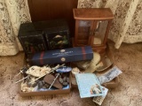 QTY OF ROSARIES, DOILIES, CROSSES, (2) JEWELRY BOXES, VINTAGE HAIR