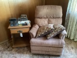 RECLINGING ROCKING CHAIR, (2) THROW PILLOW, END TABLE, (4) RADIO