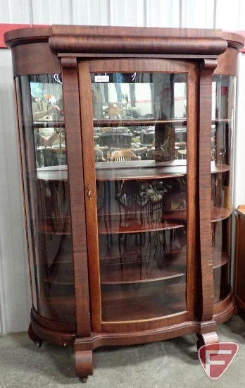 Vintage curved glass curio cabinet, mirror back, 50"w x 19"d x 72"h