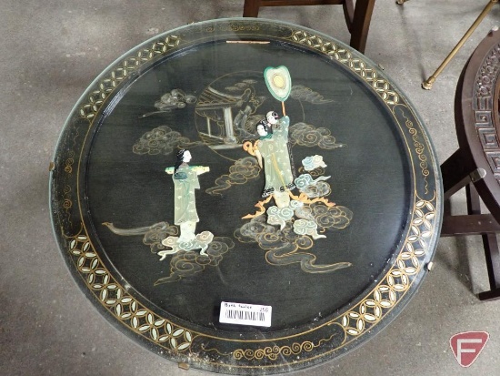 (2) Oriental themed tables, 24"diameter glass top, Mother of Pearl 20"h and 24"diameter wood carved