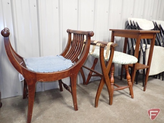 Vintage "U" shaped chair, suitcase stand, upholstered top bench, table/stand 28"h. 4pcs