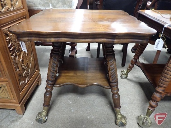 Vintage 28" square parlor table with face on glass ball feet, 29"h