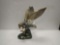 BIRD FIGURINES: METAL, PORCELAIN, ON GLASS DISH; OWL PLANTER.