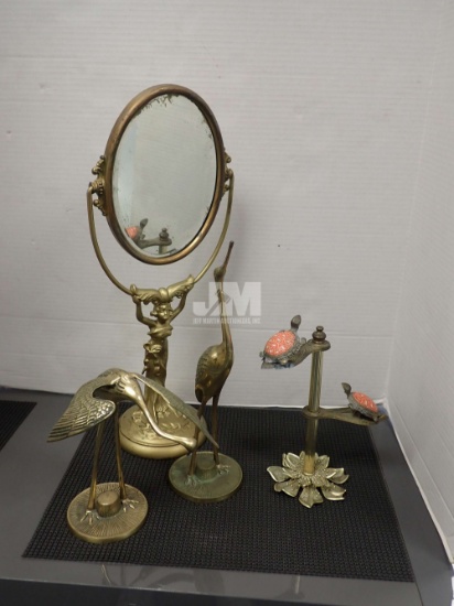 BRASS TABLETOP MIRROR 18"H, FIGURINES, TURTLE CLIP STAND. 4PCS