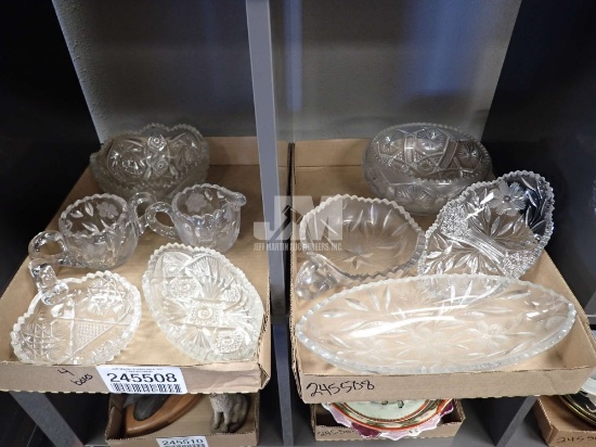 CUT GLASS DISHES, CANDLE HOLDERS. 4 BOXES
