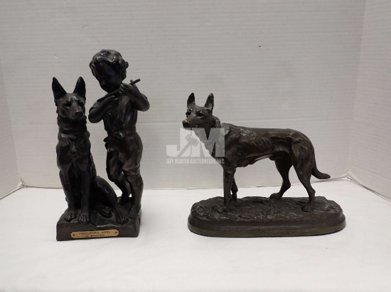 BRASS CHILD/DOG AND DOG SCULPTURES, TALLEST IS 10"H. 2PCS