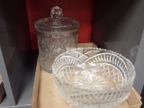 METAL MIRRORS; CUT GLASS BOWLS, CANISTER, CAKE PLATE. 4BOXES