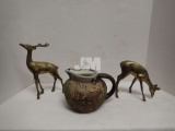 BRASS: FIGURINES, WALL HOOKS, CANDLE HOLDERS, FRAMES; POTTERY PITCHER. 2BOXES