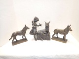 BRASS: DOG FIGURINES, GIRL/DOG SCULPTURE, STANDS, BOWL. 2 BOXES