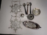 METAL BOOKENDS, SUNCATCHER SNOWFLAKES, CANDLE HOLDERS, UTENSILS. 2 BOXES