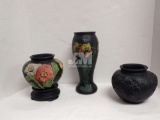 BLACK SATIN POPPY VASES, TALLEST IS 11