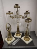 BRASS CANDLE HOLDERS ON MARBLE BASE, ONE IS MISSING CUP/HOLDER,