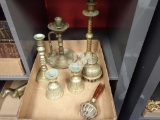 BRASS BELLS AND CANDLE HOLDERS, TALLEST IS 10