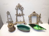 BRASS EASELS, OWL BOOKENDS, SOME COPPER, CANDLEHOLDERS ARE 16