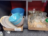 BLUE ENAMEL BOWL, VINTAGE GLASSWARE AND BOWLS, MINT/CANDY TRAYS. 4BOXES