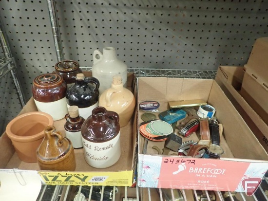 CROCK JUGS, TALLEST IS 6"H, POCKET KNIVES, MEN'S WRIST WATCHES, MEDALLIONS.