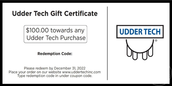 $100 UDDER TECH ONLINE GIFT CERTIFICATE, CAN BE USED FOR