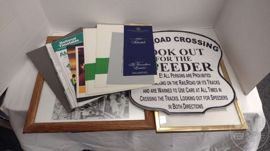 RAILROAD PAMPHLETS, SIGN, AND (2) FRAMED PHOTOGRAPHS. 2 BOXES