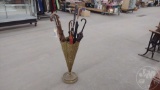 BRASS UMBRELLA STAND WITH UMBRELLAS, (1) WITH FAN IN HANDLE