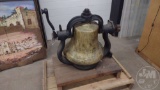 CAST IRON FRAME WITH BRASS BELL MOUNTED ON BOARD, HEAVY