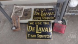 DELAVAL ITEMS: SMALL RED CAN, (2) METAL SIGNS, MANUAL AND