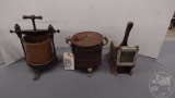 (3) VINTAGE PIECES: FRENCH FRY CUTTER, POPCORN POPPER, PRESS