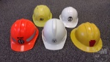 (5) RAILROAD SAFETY HARDHATS. ALL ON TOP SHELF OF CART