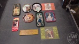 COCA COLA ADVERTISING: TINS, THERMOMETER, WOOD CRATE END. ALL ON