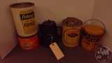(4) TINS AND (1) COFFEEPOT. ALL ON SHELF