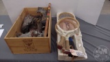 ICE SKATES AND ROLLER SKATES IN WOOD BOX AND RACKETBALL