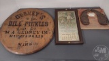 GEDNEY'S DILL PICKLE ADVERTISING WOOD SIGN, OX YOKE SHOES ON