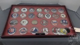 AMERICAN AND NATIONAL BASEBALL LEAGUE MEDALLIONS CIRCA 1980 IN FRAME