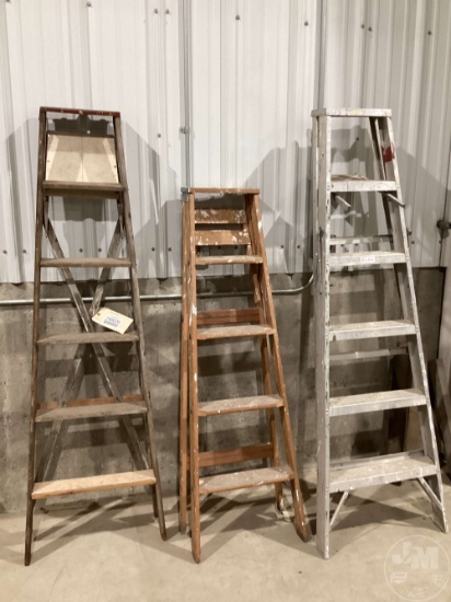 (2) WOODEN LADDERS, (1) ALUMINUM LADDER