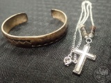 STERLING BANGLE, COSTUME CROSS NECKLACE