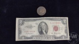 1838 LARGE CENT, CLEANED, VG; $2 US NOTE, SERIES 1953,