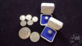 (2) MINI GOLD PLATED COINS, (2) JEFFERSON SILVER WAR NICKELS,