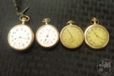 (4) POCKET WATCHES: WALTHAM OPEN FACE GOLD PLATE, POOR CONDITION,
