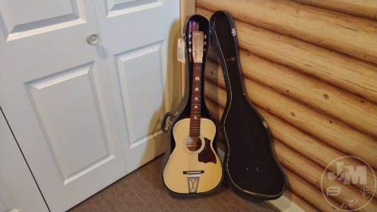 HARMONY ACOUSTIC GUITAR WITH STRAP & CASE, CASE HAS DAMAGE;